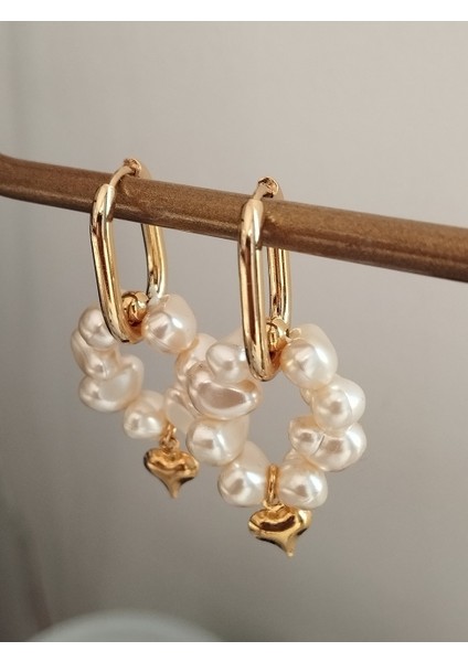 Inci ve Kalp Charmlı Oval Çelik Küpe