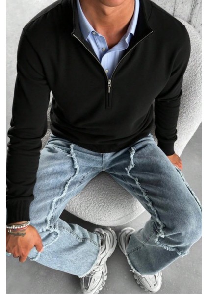 Erkek Siyah Regular Fit Yarım Pat Fermuarlı Yaka Triko Kazak