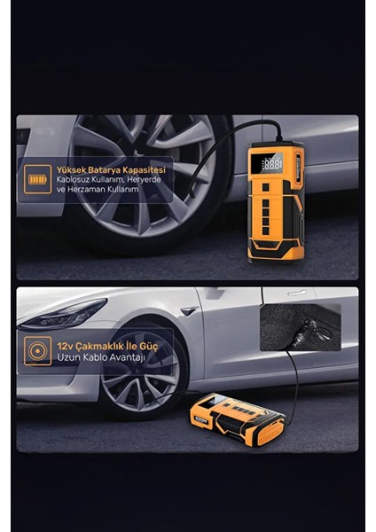 Şarjlı Akü Takviyeli Powerbank Özellikli 5in1 Hava Pompası Çok Fonksiyonlu 8000MAH Kablolu/kablosuz fiyatları