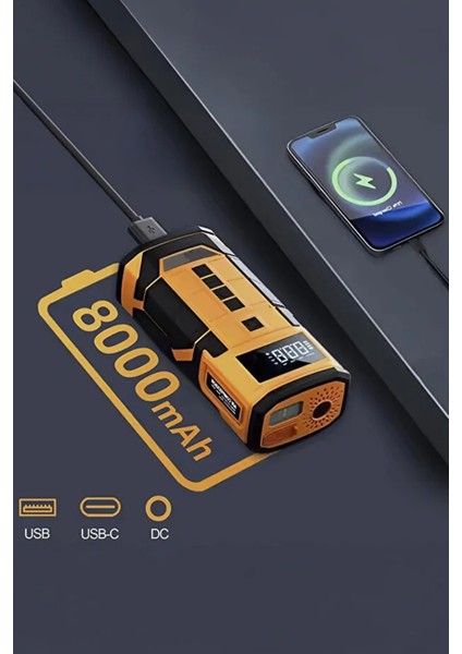 Şarjlı Akü Takviyeli Powerbank Özellikli 5in1 Hava Pompası Çok Fonksiyonlu 8000MAH Kablolu/kablosuz indirimleri