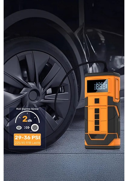 Şarjlı Akü Takviyeli Powerbank Özellikli 5in1 Hava Pompası Çok Fonksiyonlu 8000MAH Kablolu/kablosuz