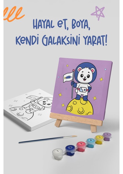 Uzaylı Ayı Temalı Çocuk Tuval Boyama Seti | 20X20 Tuval + 6 Renk Akrilik Boya + Ahşap Şövale + Fırça
