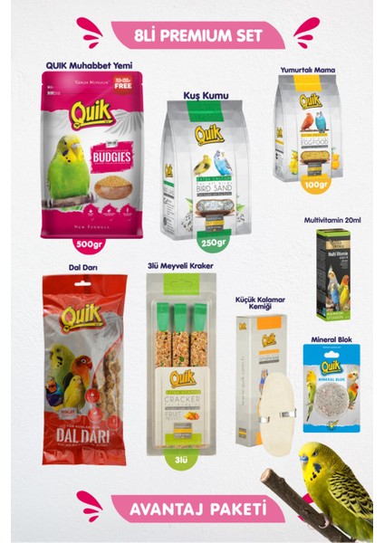 8li Set - Muhabbet Kuşu Besin Vitamin Başlangıç Seti - Kraker Multivitamin Muhabbet Yemi Dal Darı