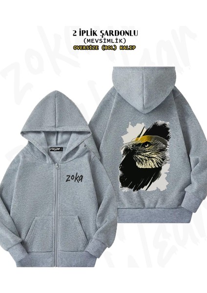 Unisex Kartal Özel Baskılı Oversize Sırt Baskılı Fermuarlı Kapşonlu Hırka