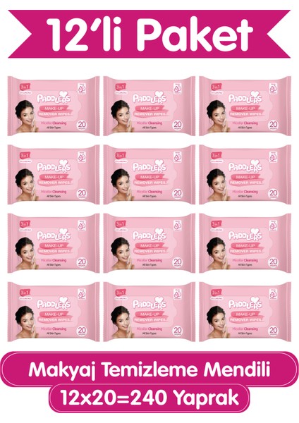 3'ü 1 Arada Makyaj Temizleme Mendili 12X20 (240 Yaprak)