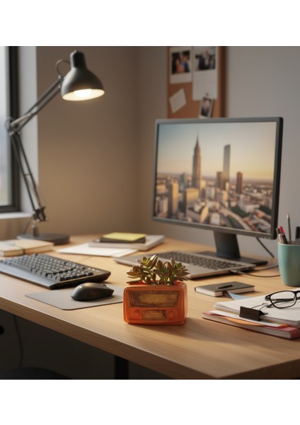 Retro Radyo Sukulent Saksısı ve Kalemlik - Masaüstü Dekoratif Organizer Turuncu 12*8 fırsatları