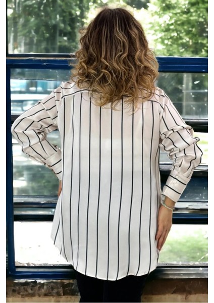 Geniş Manşet Kol Dikine Lacivert Çizgili Büyük Beden Saten Gömlek fiyatları