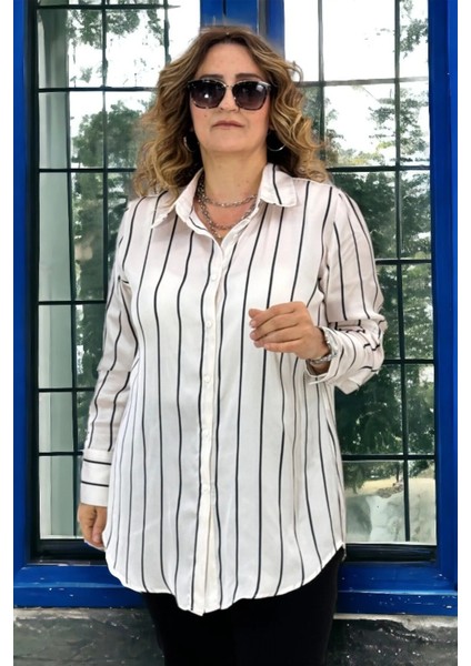 Geniş Manşet Kol Dikine Lacivert Çizgili Büyük Beden Saten Gömlek modelleri