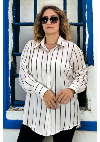 Geniş Manşet Kol Dikine Lacivert Çizgili Büyük Beden Saten Gömlek indirimleri