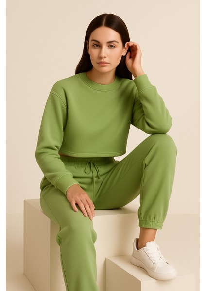 Kadın Paça Lastik Üç Ip Şardonlu Lopez Eşofman Altı Yeşil