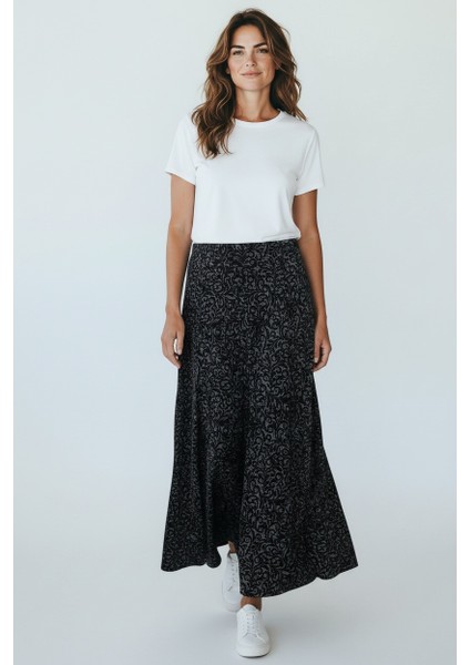 Kadın Beli Lastikli Desenli Sekiz Parça Balık Etek