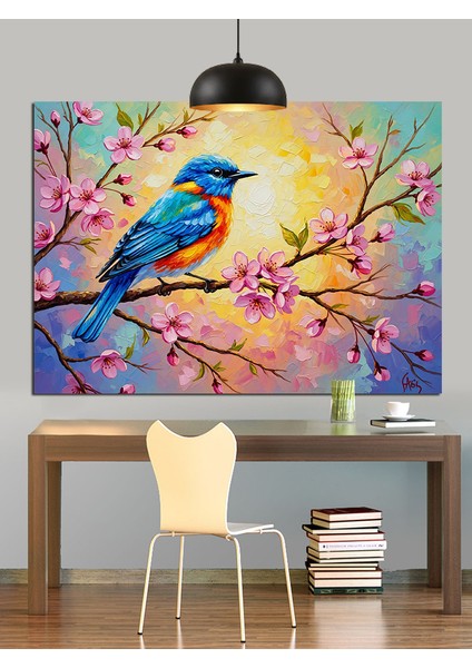 Mavi Kuş Bahar Çiçekleri Dekoratif Kanvas - Mdf Ahşap Tablo