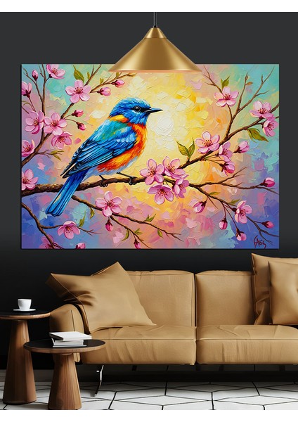 Mavi Kuş Bahar Çiçekleri Dekoratif Kanvas - Mdf Ahşap Tablo modelleri