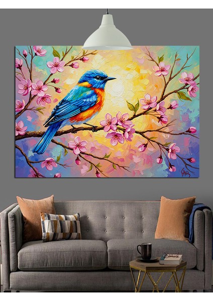 Mavi Kuş Bahar Çiçekleri Dekoratif Kanvas - Mdf Ahşap Tablo indirimleri