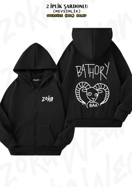 Unisex Bathory Baskılı Oversize Sırt Baskılı Fermuarlı Kapşonlu Hırka