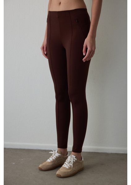 Kahverengi Gizli Cep Görünümlü Yüksek Bel Tayt