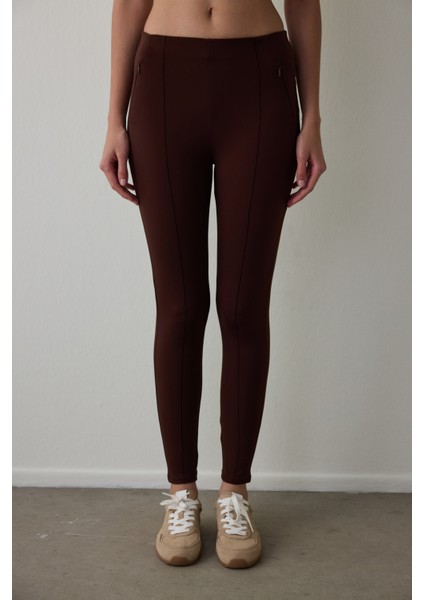 Kahverengi Gizli Cep Görünümlü Yüksek Bel Tayt fiyatları