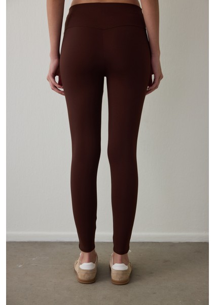 Kahverengi Gizli Cep Görünümlü Yüksek Bel Tayt modelleri