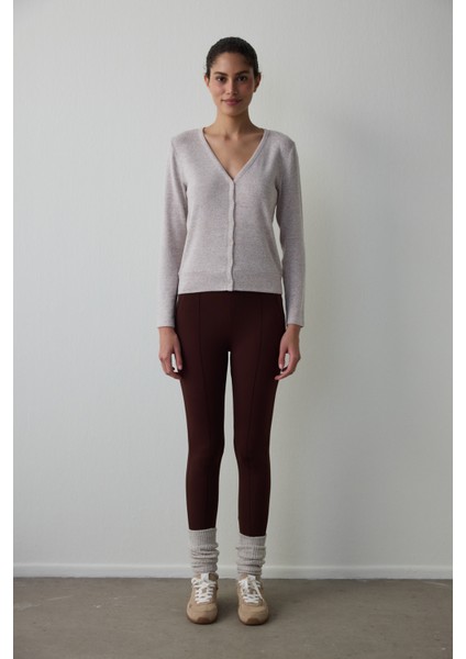 Kahverengi Gizli Cep Görünümlü Yüksek Bel Tayt