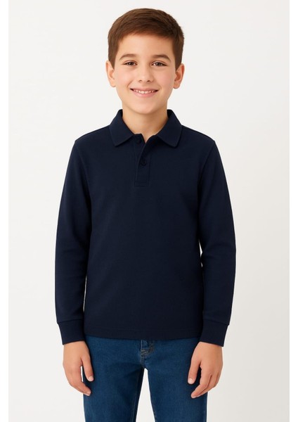 Çocuk Unisex Uzun Kollu Polo Yaka Tshirt Lacivert Okul 10-13 Yaş