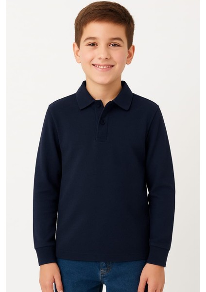 Çocuk Unisex Uzun Kollu Polo Yaka Tshirt Lacivert Okul 10-13 Yaş modelleri