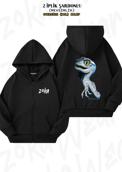 Unisex Jurassic World Baby Blue Baskılı Oversize Sırt Baskılı Fermuarlı Kapşonlu Hırka