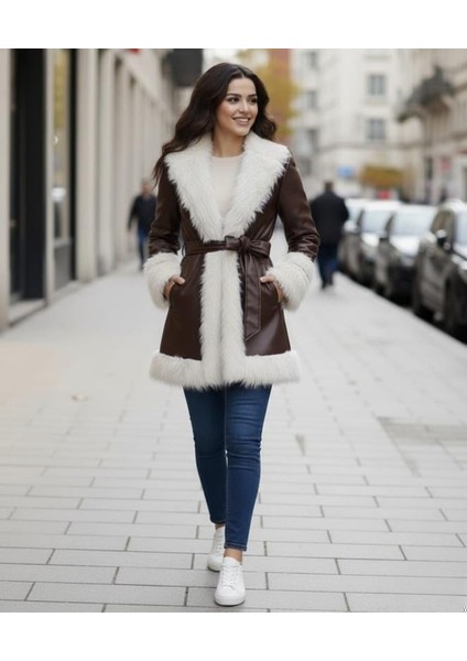 Kadın Tüylü Kemerli Içi Astarlı Deri Kahverengi Ceket fiyatları
