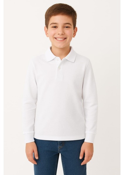 Çocuk Unisex Uzun Kollu Polo Yaka Tshirt Beyaz Okul 10-13 Yaş
