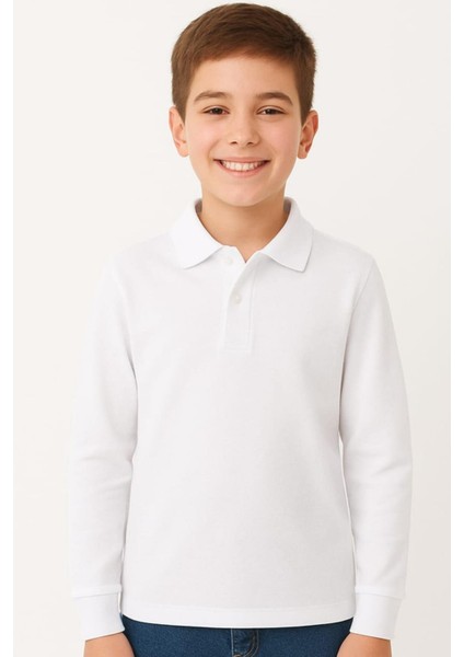 Çocuk Unisex Uzun Kollu Polo Yaka Tshirt Beyaz Okul 10-13 Yaş modelleri