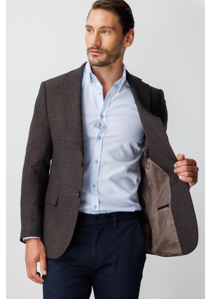 Erkek Kahve Regularfıt / Rahat Kalıp Mono Yaka Ceket modelleri