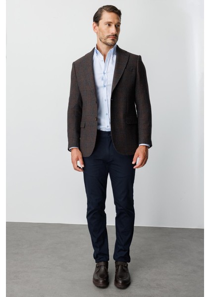 Erkek Kahve Regularfıt / Rahat Kalıp Mono Yaka Ceket