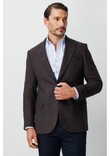 Erkek Kahve Regularfıt / Rahat Kalıp Mono Yaka Ceket