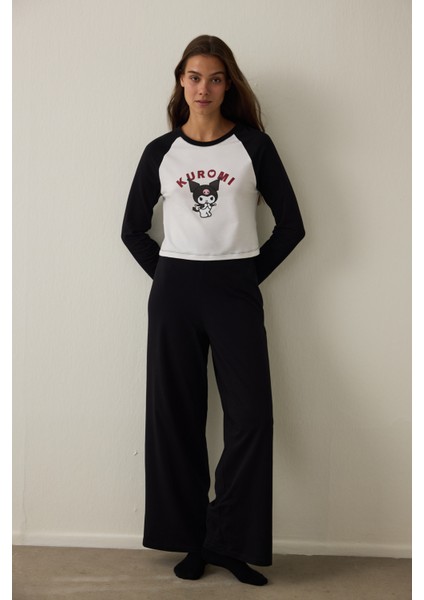 Kırık Beyaz Kuromi Baskılı Kayık Yaka Pamuklu Uzun Kollu Pijama Takımı