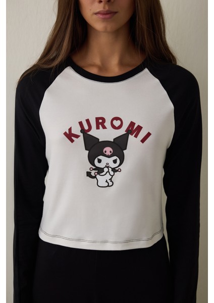 Kırık Beyaz Kuromi Baskılı Kayık Yaka Pamuklu Uzun Kollu Pijama Takımı fiyatları
