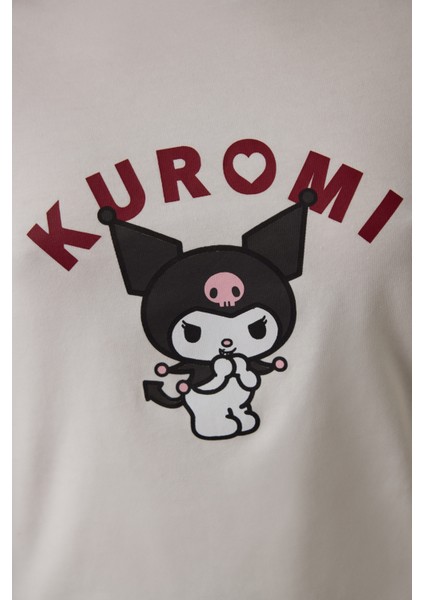 Kırık Beyaz Kuromi Baskılı Kayık Yaka Pamuklu Uzun Kollu Pijama Takımı modelleri