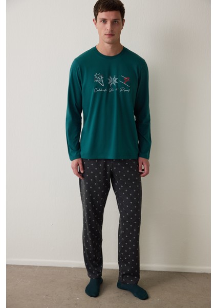 Yeşil Erkek Bisiklet Yaka Ekoseli Pamuklu Pijama Takımı