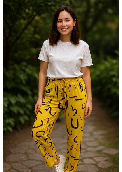 Sarı Renk Siyah Desenli Kadın Alt Pijama Gecelik