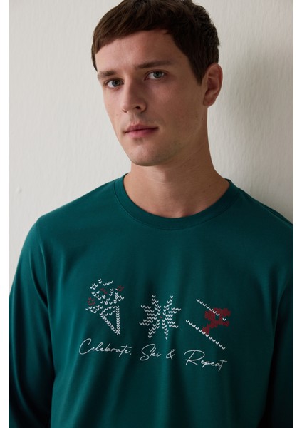 Yeşil Erkek Bisiklet Yaka Ekoseli Pamuklu Pijama Takımı modelleri