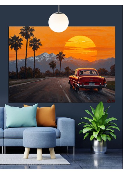 Gün Batımı Klasik Araba Dekoratif Kanvas - Mdf Ahşap Tablo