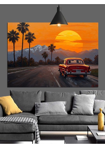 Gün Batımı Klasik Araba Dekoratif Kanvas - Mdf Ahşap Tablo modelleri