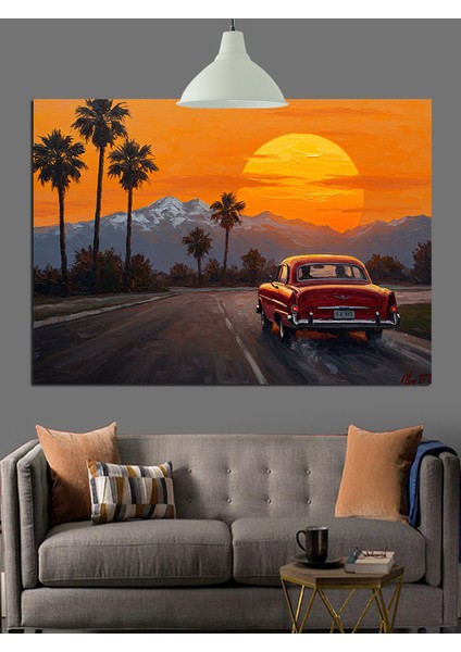 Gün Batımı Klasik Araba Dekoratif Kanvas - Mdf Ahşap Tablo fırsatları