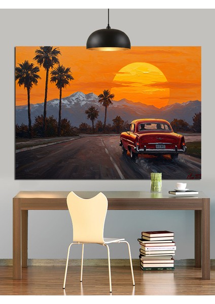 Gün Batımı Klasik Araba Dekoratif Kanvas - Mdf Ahşap Tablo indirimleri