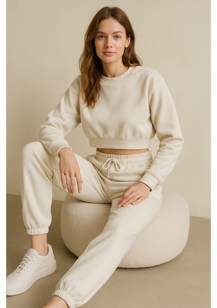 Kadın Paça Lastik Üç Ip Şardonlu Lopez Eşofman Altı Ekru modelleri