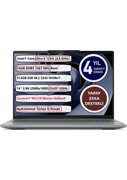 Ideapad Pro 5 14IMH9 Intel Ultra 5-125H 16GB 512 GB SSD 14" OLED 83D2005ATR Freedos Taşınabilir Bilgisayar