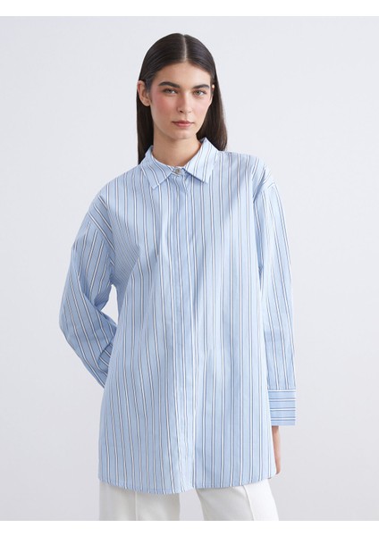 Yeni Sezon Çizgili Oversize Poplin Kadın Gömlek Tunik