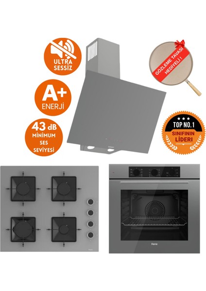 Flowart&silentart Aıvo Yeni Seri Sessiz Antrasit Gri Ankastre Set (D079-SA + QBL62CPR +SS208)