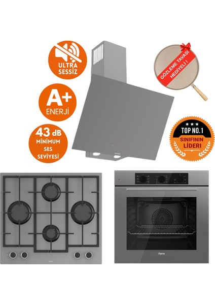 Flowart&silentart Fıva Yeni Seri Sessiz Antrasit Gri Ankastre Set (D079-SA + QBL62CPR +LN388)