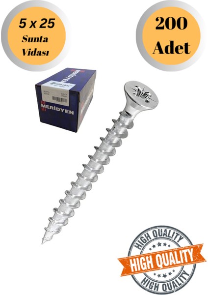 Meridyen 5X25 Sunta Vidası Sivri Uçlu Ahşap Tahta Ağaç Mobilya Ayak Kulp Vidası 200 Adet