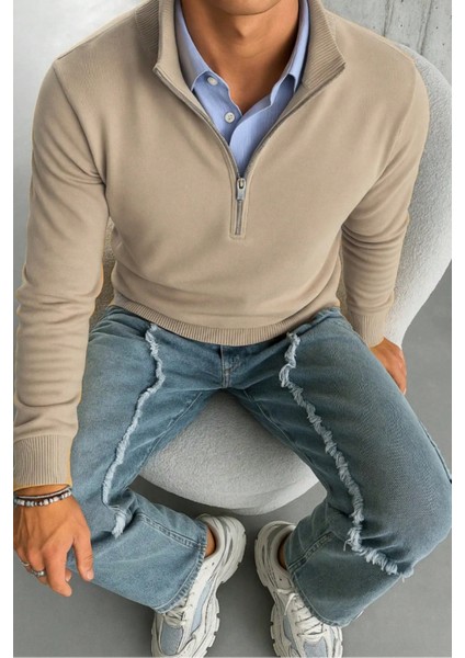 Erkek Bej Regular Fit Yarım Pat Fermuarlı Yaka Triko Kazak