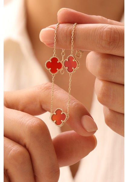 14 Ayar Altın Üçlü Bordo Yonca Bileklik modelleri